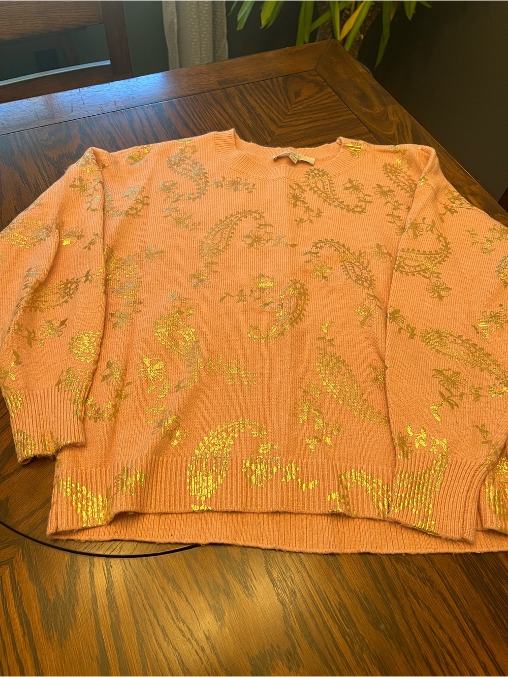 LOFT Women’s S Pink/Gold Metallic Paisley Knit Crew Neck Pullover Sweater # 719